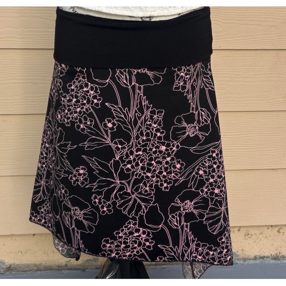 Y2K rare Julies Closet USA Black Pink Floral Handkerchief Hem Midi